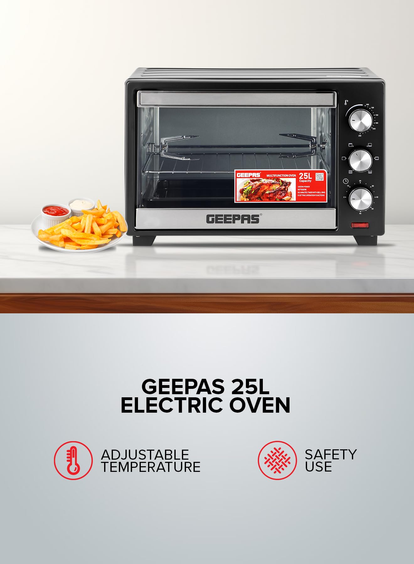 Geepas Electric Oven With Rotisserie 25L,1600W GO34040| Perfect for Baking, Roasting & Grilling - Accessories Included
