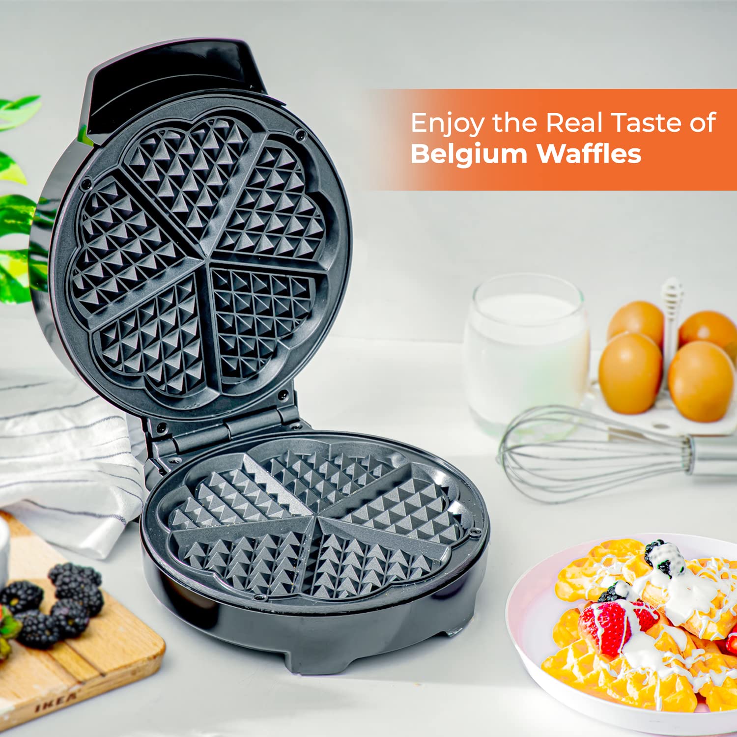 Geepas 5-Slice Heart-Shaped Waffle Maker – Non-Stick Electric Belgian Waffle Iron with Adjustable Temperature Control (1000W, Silver & Black)