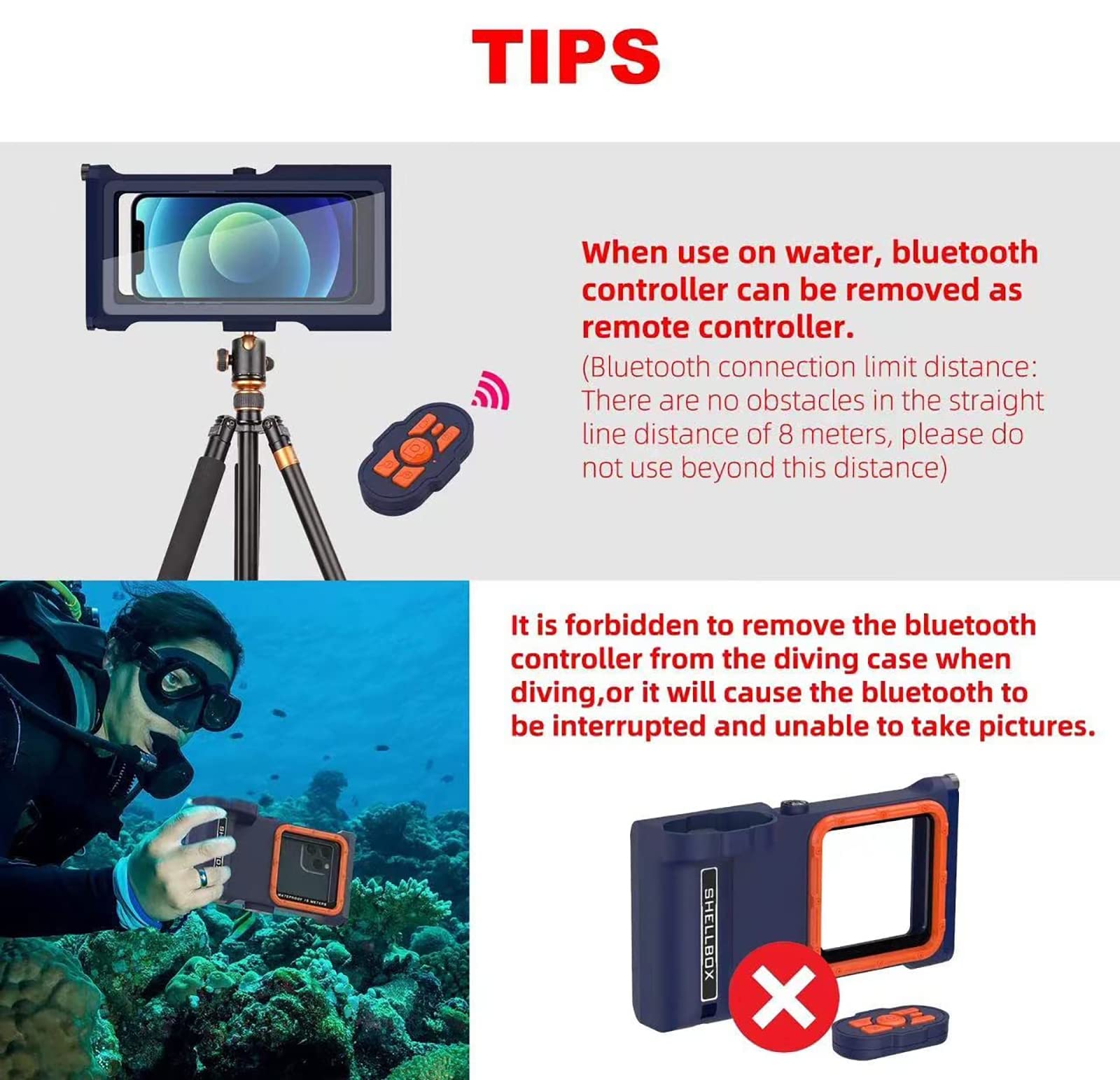 Underwater Snorkeling Diving Waterproof Phone Case for iPhone Samsung Galaxy LG Huawei Series Smartphone Below 6.7inch Universal, Bluetooth Connection Control Cameras Zoom Video with APP (Blue-Orange)