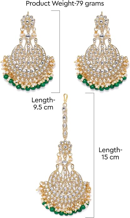 ZAVERI PEARLS Women Gold Tone Kundan & Green Beads Traditional Base Metal Earring & Maangtikka Set (Zpfk8540)