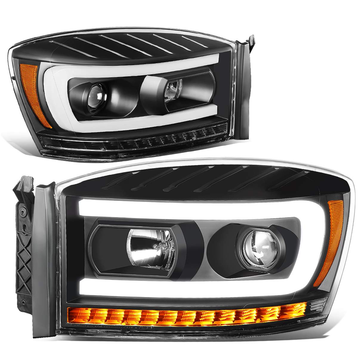 DNA MOTORING HL-HPL-RM06-G-BK-AM Black LED DRL Sequential Chasing Signal Projector Headlights Compatible with 06-09 Ram