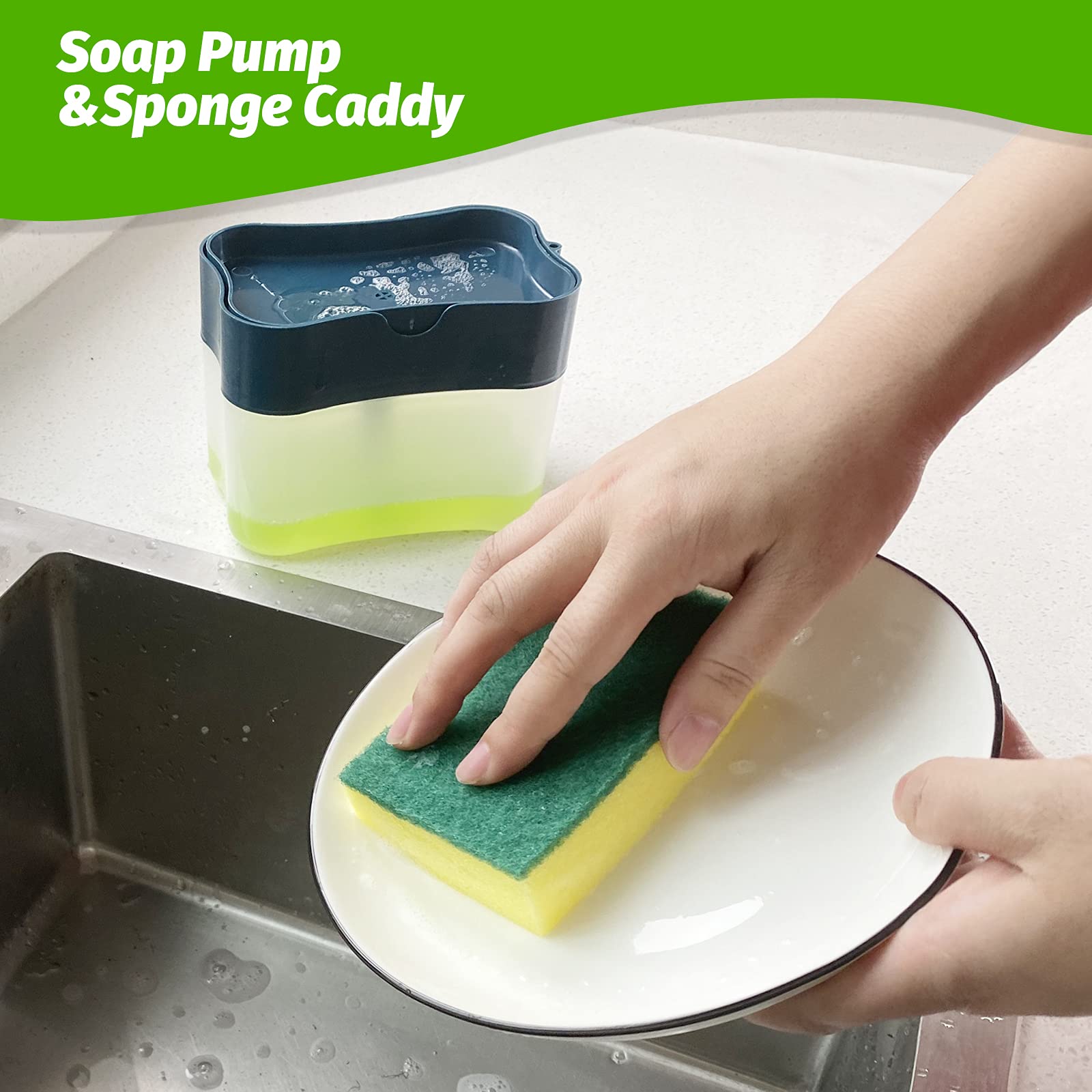 SKY-TOUCH Soap Pump Dispenser and Sponge Holder for your Kitchen Sink, Counter Top Liquid Dish Washing Dispenser