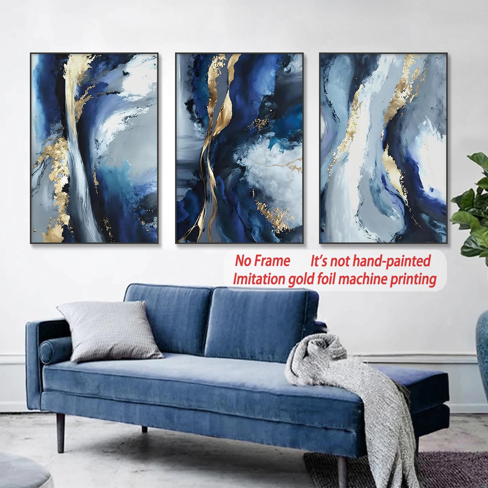 Blue Gold Abstract Wall Art Blue and White Abstract Prints Blue Yellow Abstract Art Blue White and Gold Canvas Painting Navy Blue Modern Artwork Blue Gold Pictures Wall Decor 16x24inx3PCS No Frame