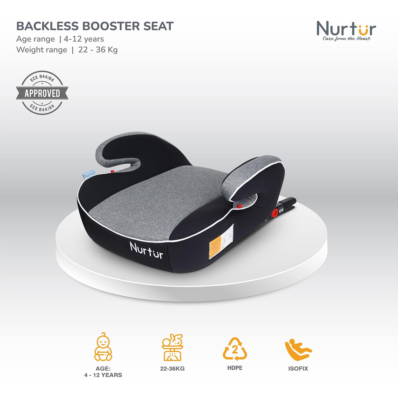 Nurtur Enzo Kids Booster Car Seat - Arm Rest Seat, Blow up Narrow Backless Booster Car Seat for Travel, Suitable from 4 years to 12 years (Group 2/3) - Light Grey/Black