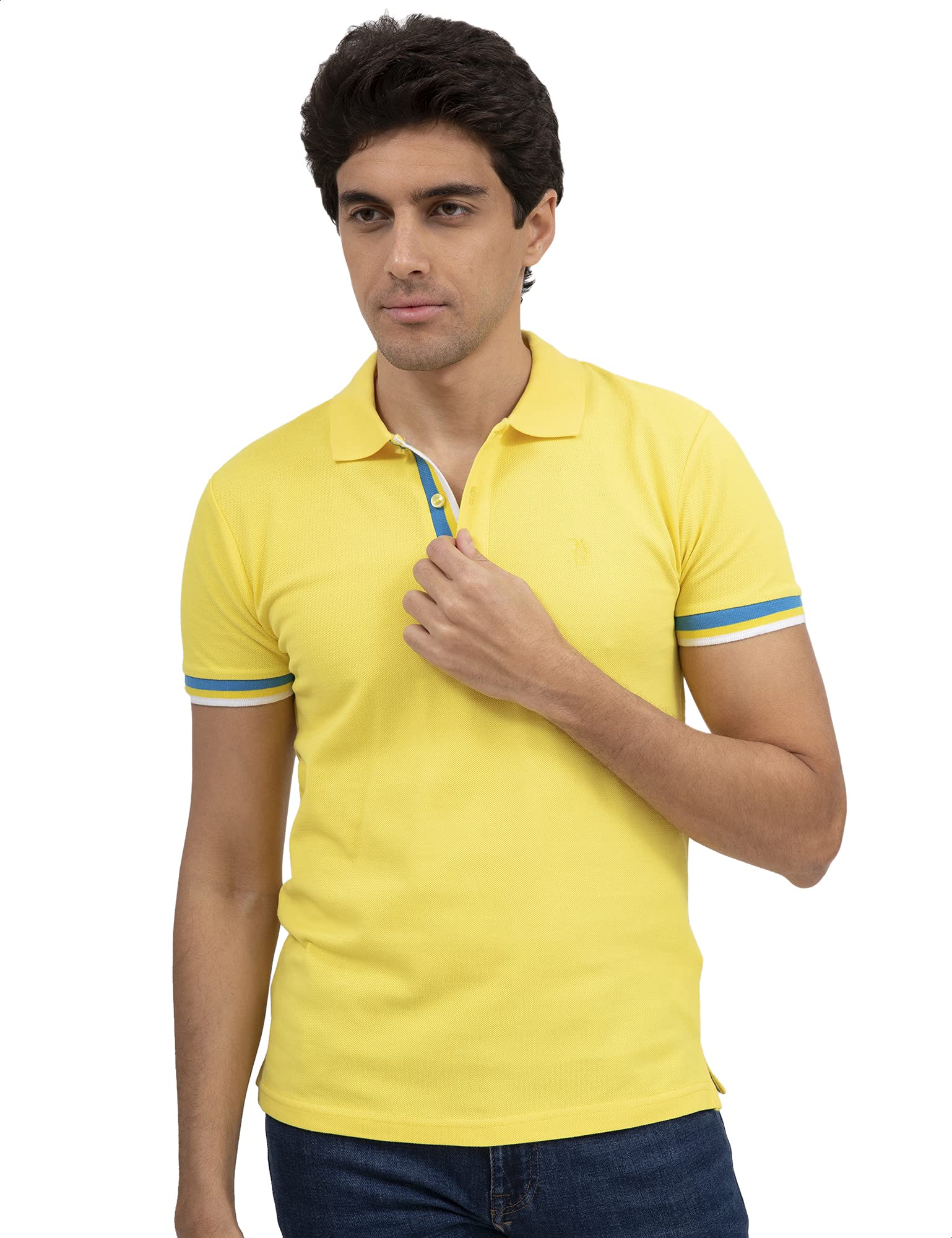 Dalydress Dare Cotton Striped Trims Short Sleeves Polo Shirt for Men, Yellow, M