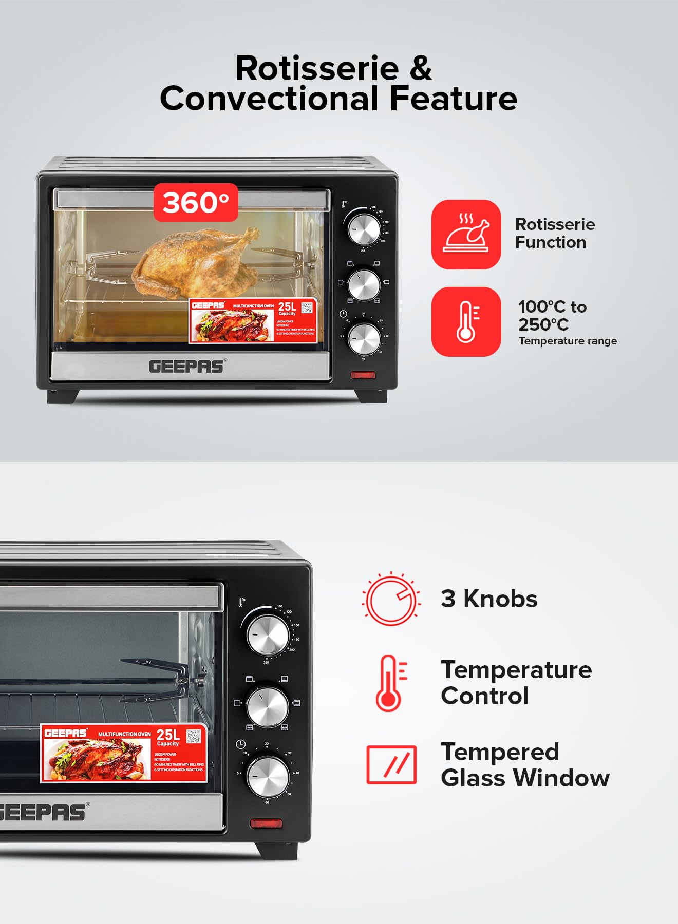 Geepas Electric Oven With Rotisserie 25L,1600W GO34040| Perfect for Baking, Roasting & Grilling - Accessories Included