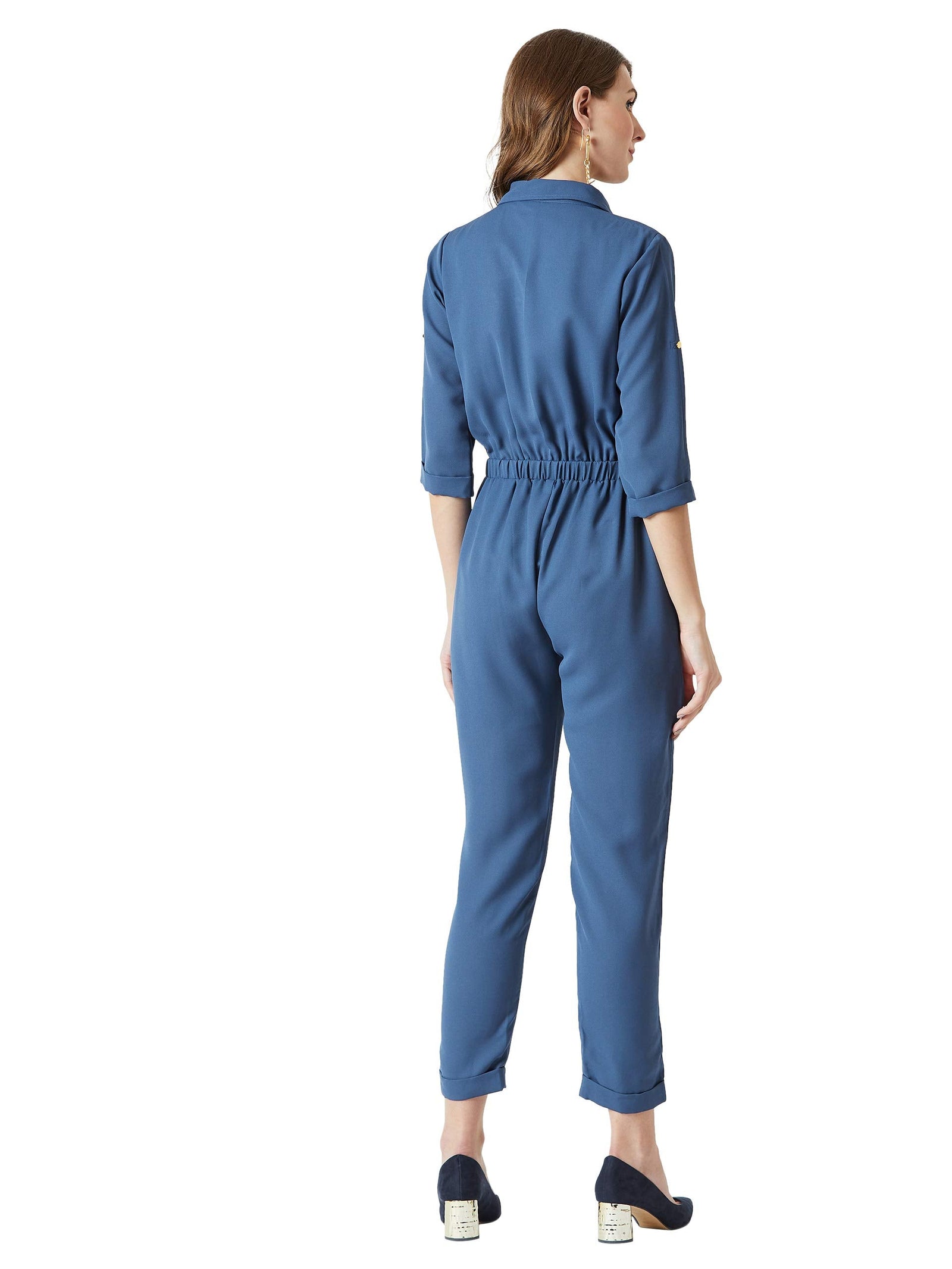 Miss Olive Women's Regular Fit Shirt Style Solid Jumpsuit.Azure Blue.L