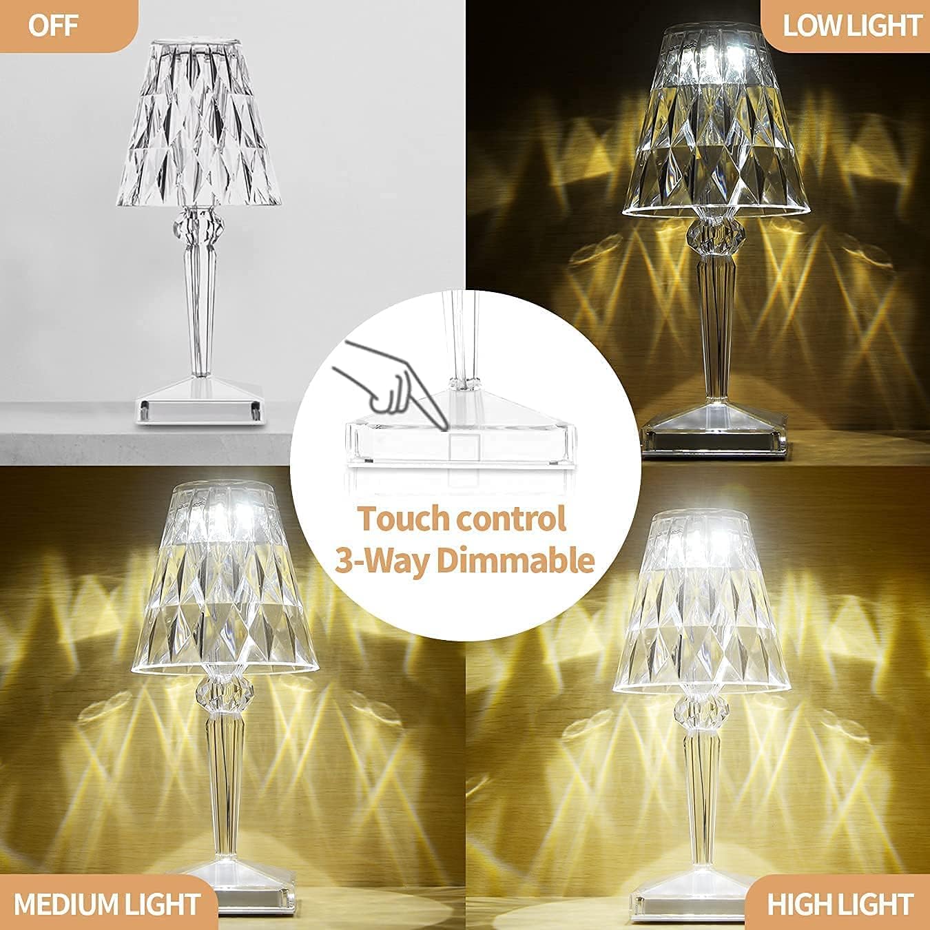 Touch Crystal Diamond Table Lamp, Romantic LED Night Light Modern Gift Relax Bedside Lamp with USB Charging Port Decoration Desk Nightstand Lamps for LivingRoom/Bedroom/Study Room/Office/Bar