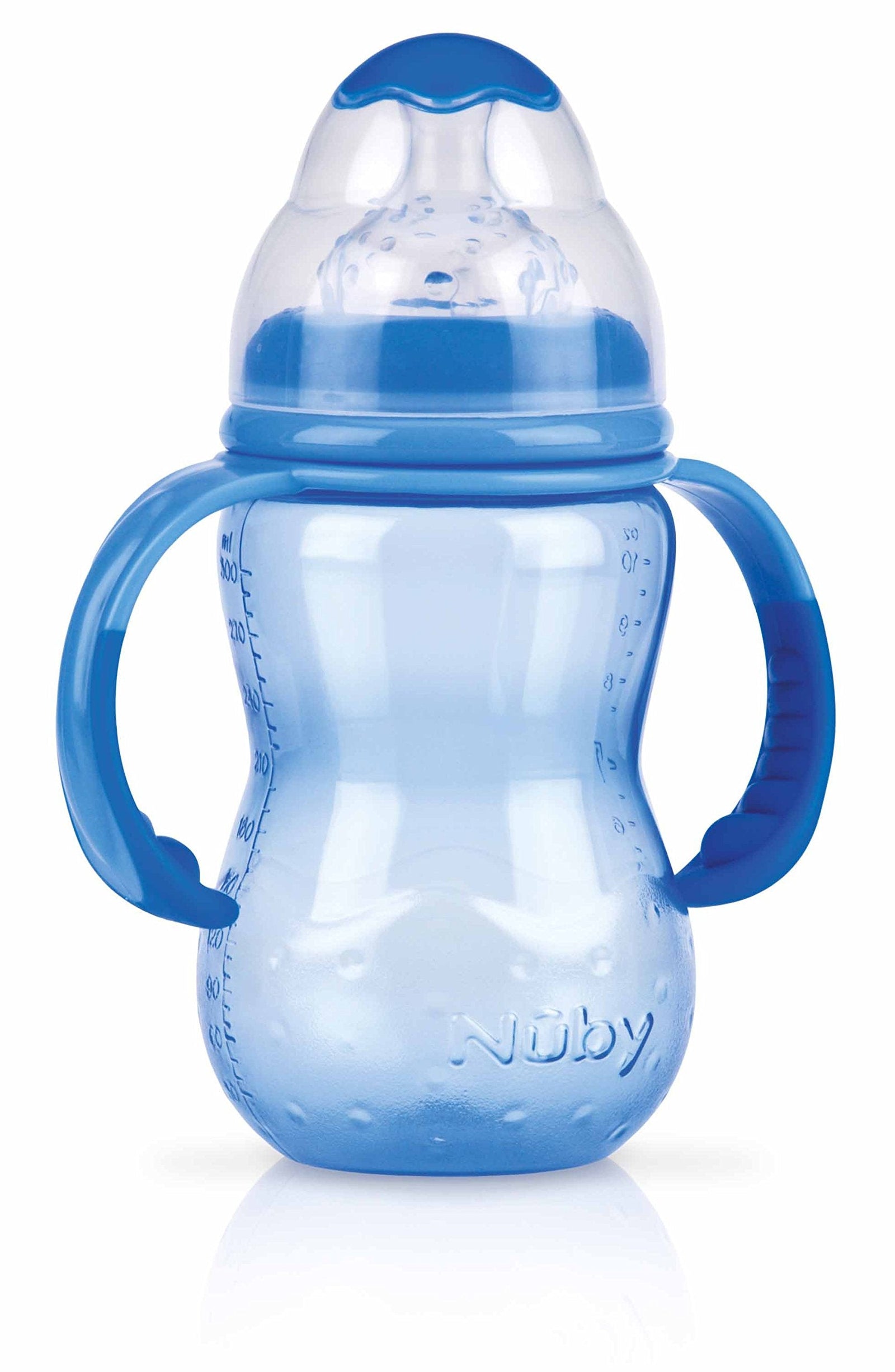 Nûby 1095 Wide-Neck Polypropylene Bottle 300 ml with Handles and No-Spill Silicone Variable-Flow Teat Suitable for 4 Months and Older (Colour Chosen at Random)