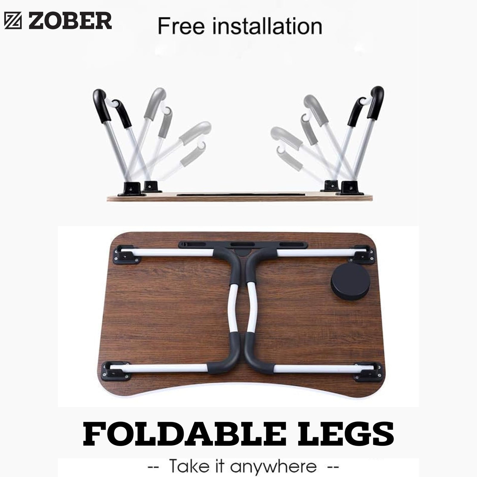 ZOBER Portable Folding Laptop Desk for Bed with Cup Holder Adjustable Lap Tray Notebook Stand Lap Desk Foldable Non-slip legs grip Stand Table for outdoor, indoor, working, studing, camping (BLACK)