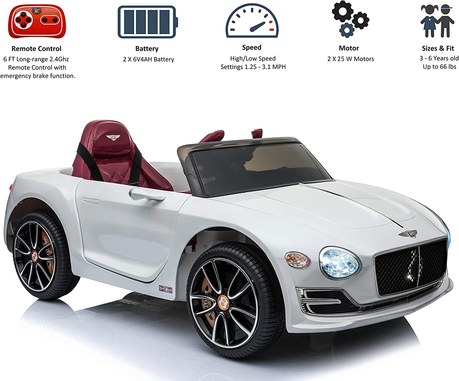 Baybee Licensed Bentley Battery Operated Car for Kids, Ride on Toys Kids Car with Leather Seat, Music & Light | Baby Big Electric Car | Battery Car for Kids to Drive 2 to 6 Years Boys Girls (White)