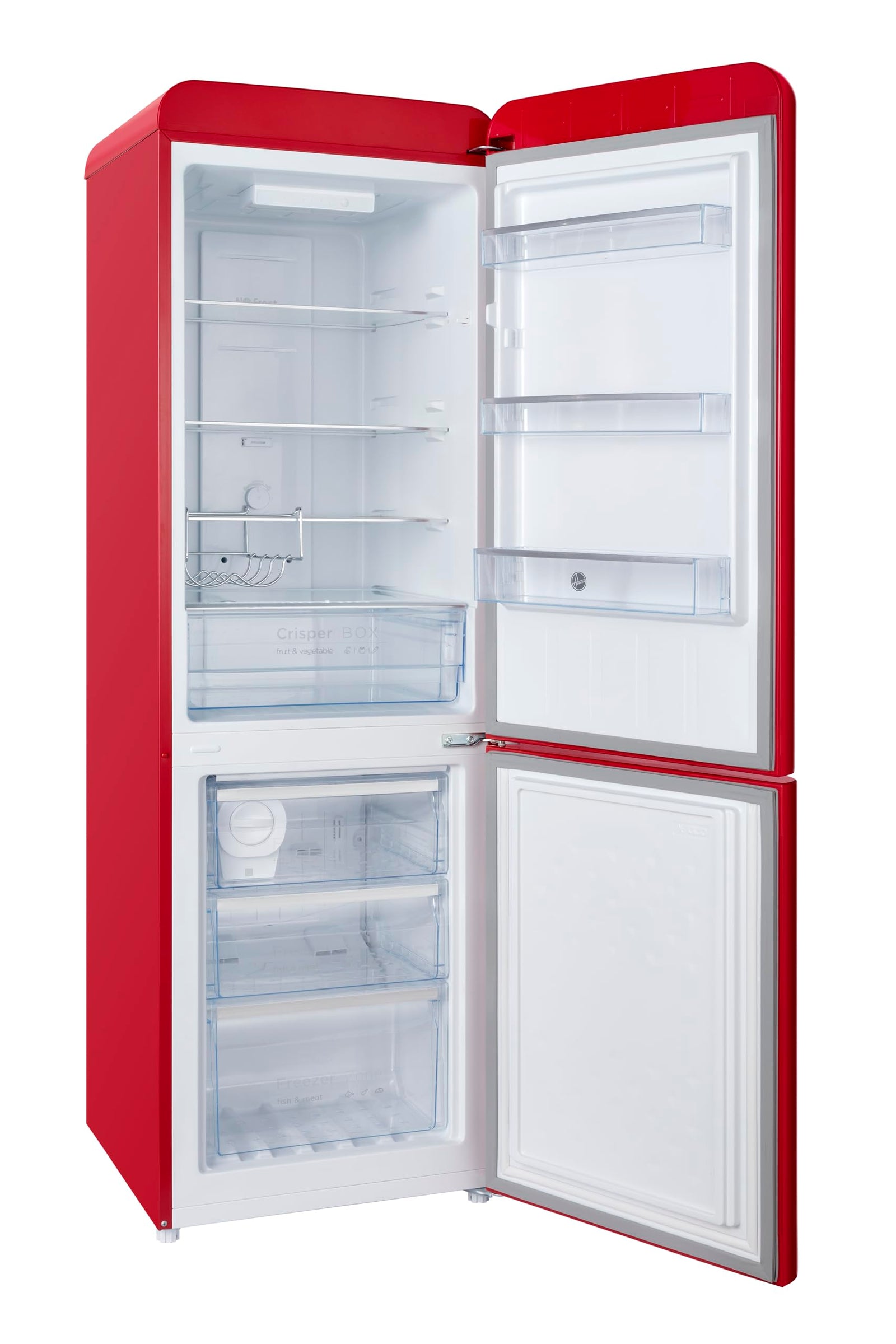 Hoover 300L Bottom Mount Retro Style Refrigerator, Total No Frost Design, Metal Texture Handle, Electronic Control & LED Light, Silver Strip & Ice Twister, 1 Year Warranty,Red - HBR-M300-RR