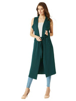 Miss Olive Women's Dark Green Collared Sleeveless Solid Belted Midi Longline Jacket (MOAW18JKT02-59-282-05).Dark Green.M