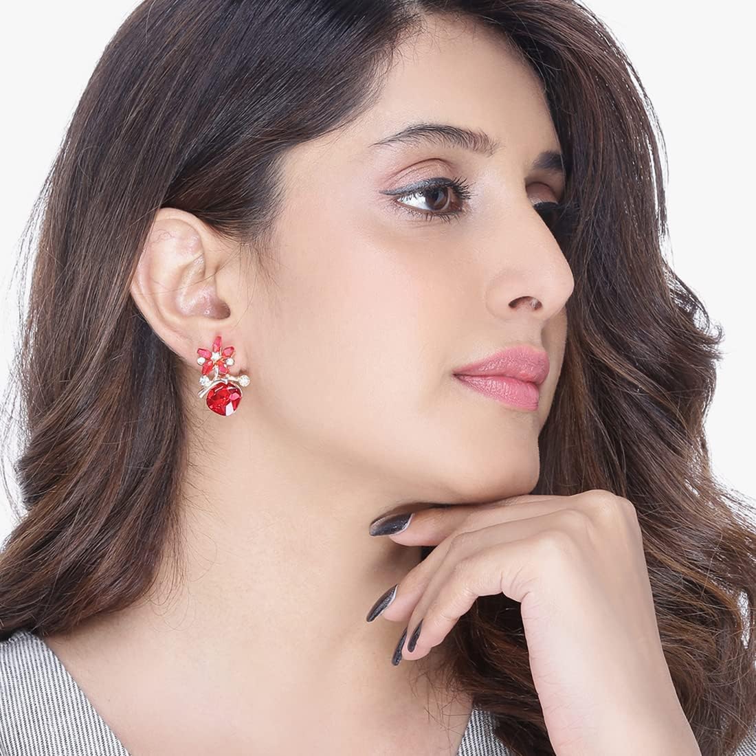 Yellow Chimes Floral Red Crystal Stud Earrings for Women