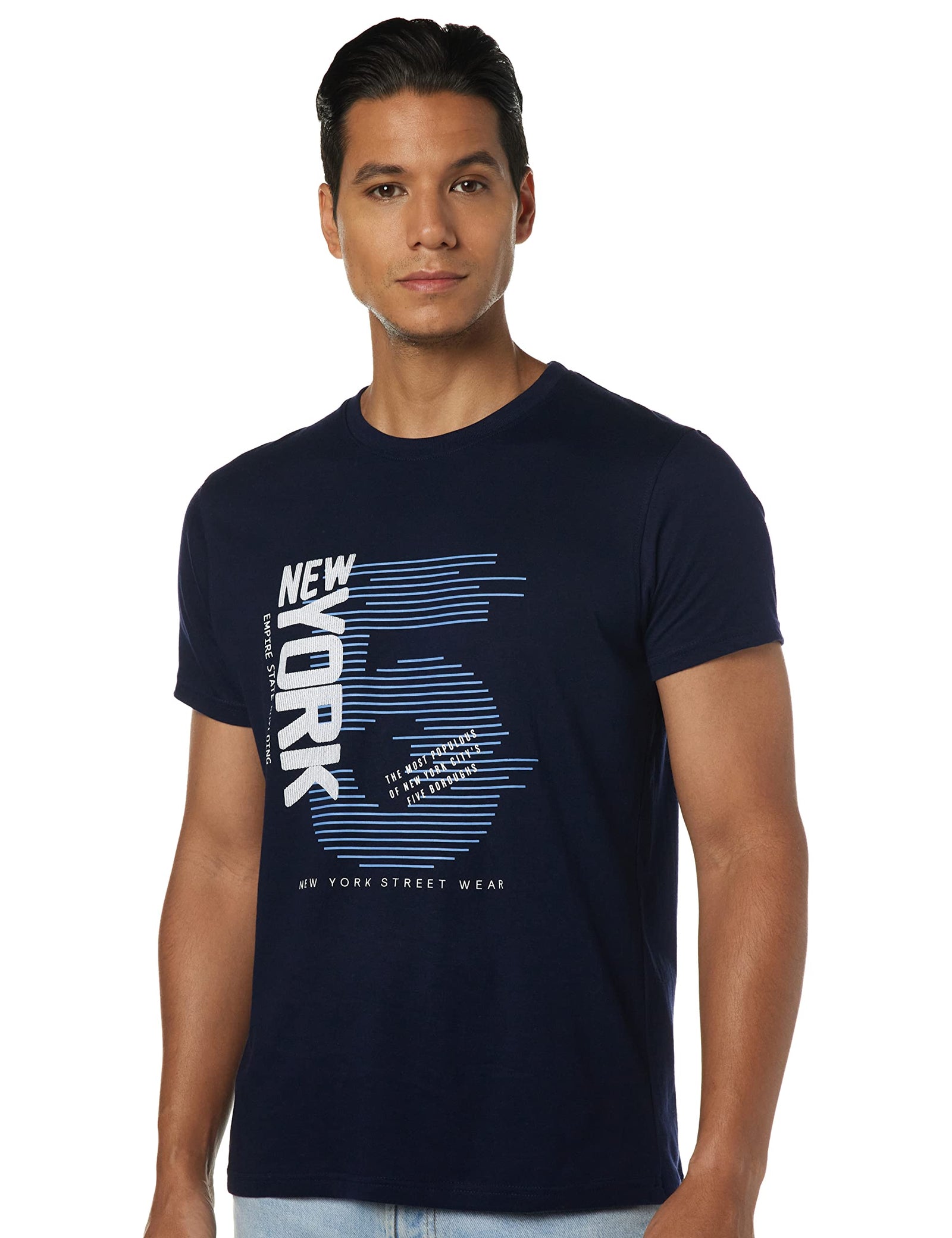 Deniklo Printed Round Neck T-Shirt For Men (DK474-XL_Navy)