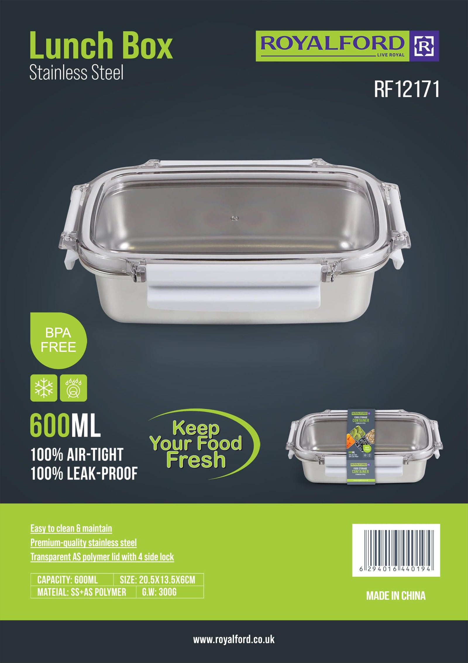 Royalford 600ml Stainless Steel Lunch Box RF12171 Rectangle Tiffin with Polymer Lid 4 Side Locks Food-Grade, BPA-Free, Airtight and Leakproof Containers for Kids and Adults
