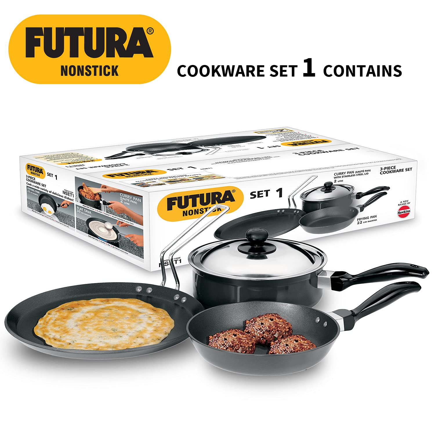 Hawkins Futura Nonstick Cookware Set No 1 (Flat Tawa, Frying Pan, Curry Pan (Saute Pan), Black