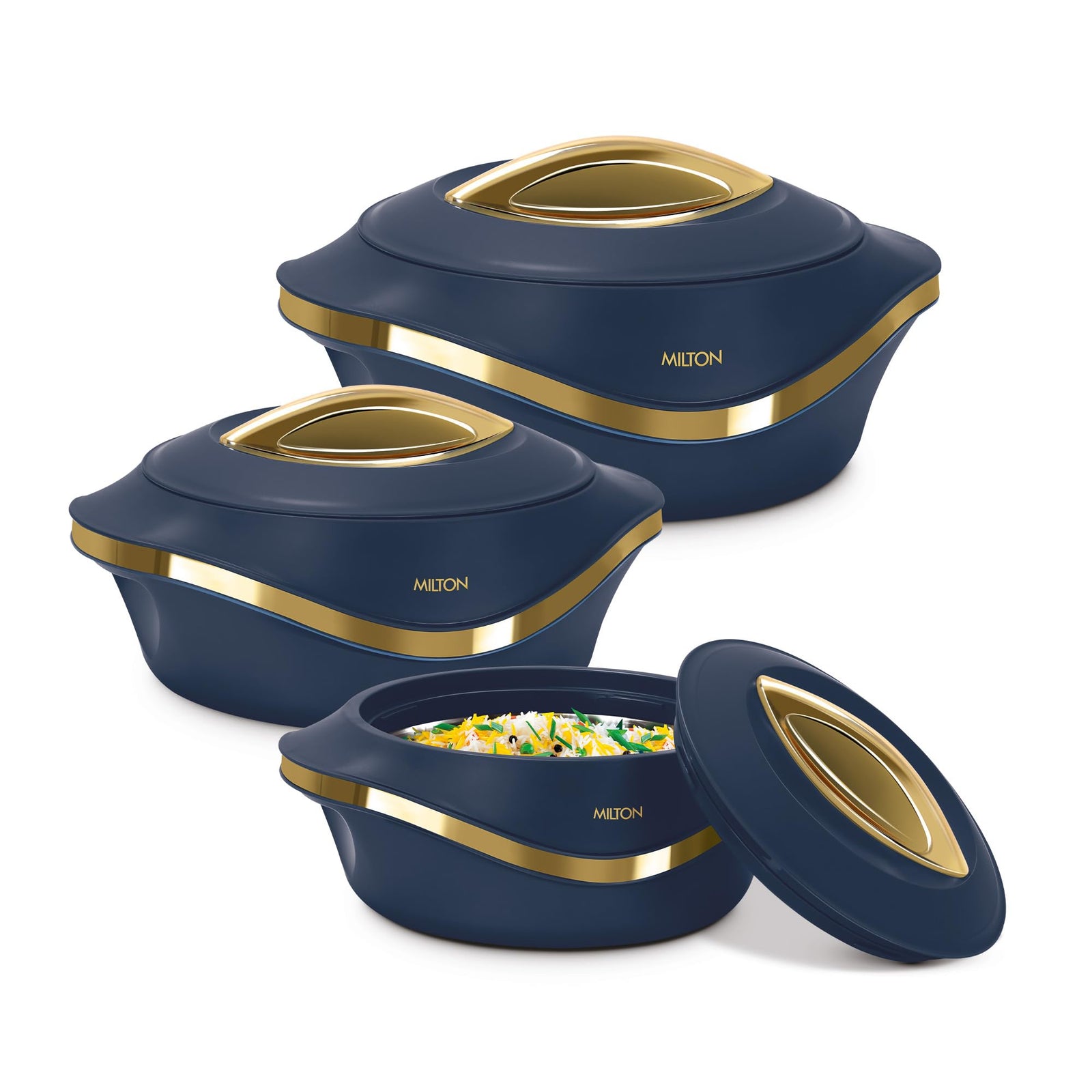 MILTON Casserole Set (860 ml/1.27 L/1.96 L) Insulated Stainless Steel Hotpot with Lids, Hotbox Food Storage Container for Serving Chapati, Roti, حرارات لحفظ الطعام - Pearl - Blue