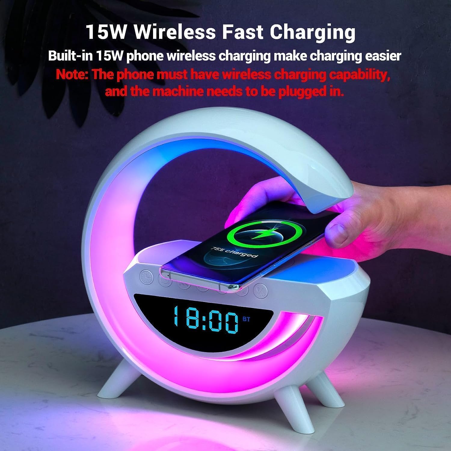 SGG Atmosphere Night Light Wireless Phone Charger Bluetooth Speaker Alarm Clock All in One LED Table Lamp for Bedroom, Living Room, Office, Ideal Gift Choice (BT-3401)