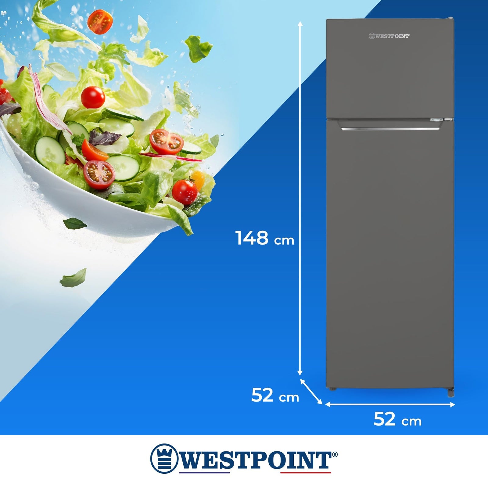 Westpoint 240 Liters Gross Double Door Refrigerator DEFROST Fridge Freezer, 4 Door Balconies, Egg Rack, Ice Cube Tray, Built in Condenser, 52Dx51.9Wx148H Centimeter Silver WRN-2423EI (NEW MODEL-2024)