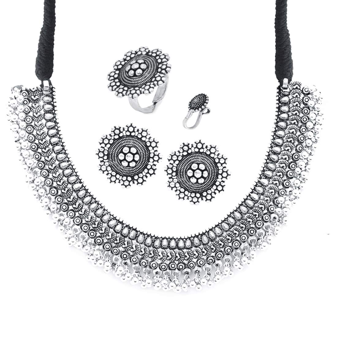 Yellow Chimes Classic German Silver Oxidised Designer Crafted Traditional Choker Necklace Set With Earring Jewellery Set By Yellow Chimes Jewellery Set For Women (Osidized Silver) (Yctjns-32Oxdchk-Sl)