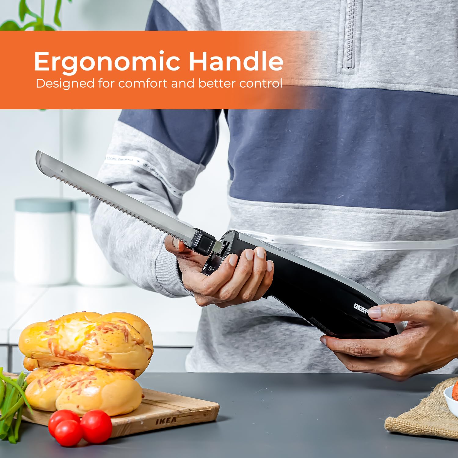 Geepas 150W Electric Knife – Serrated Carving Knife - Can Cut Turkey, Meat, Bread, Vegetables, Fruits, Ham, and Cooked Beef – Single Start Button & Eject Button – (Black & Grey)