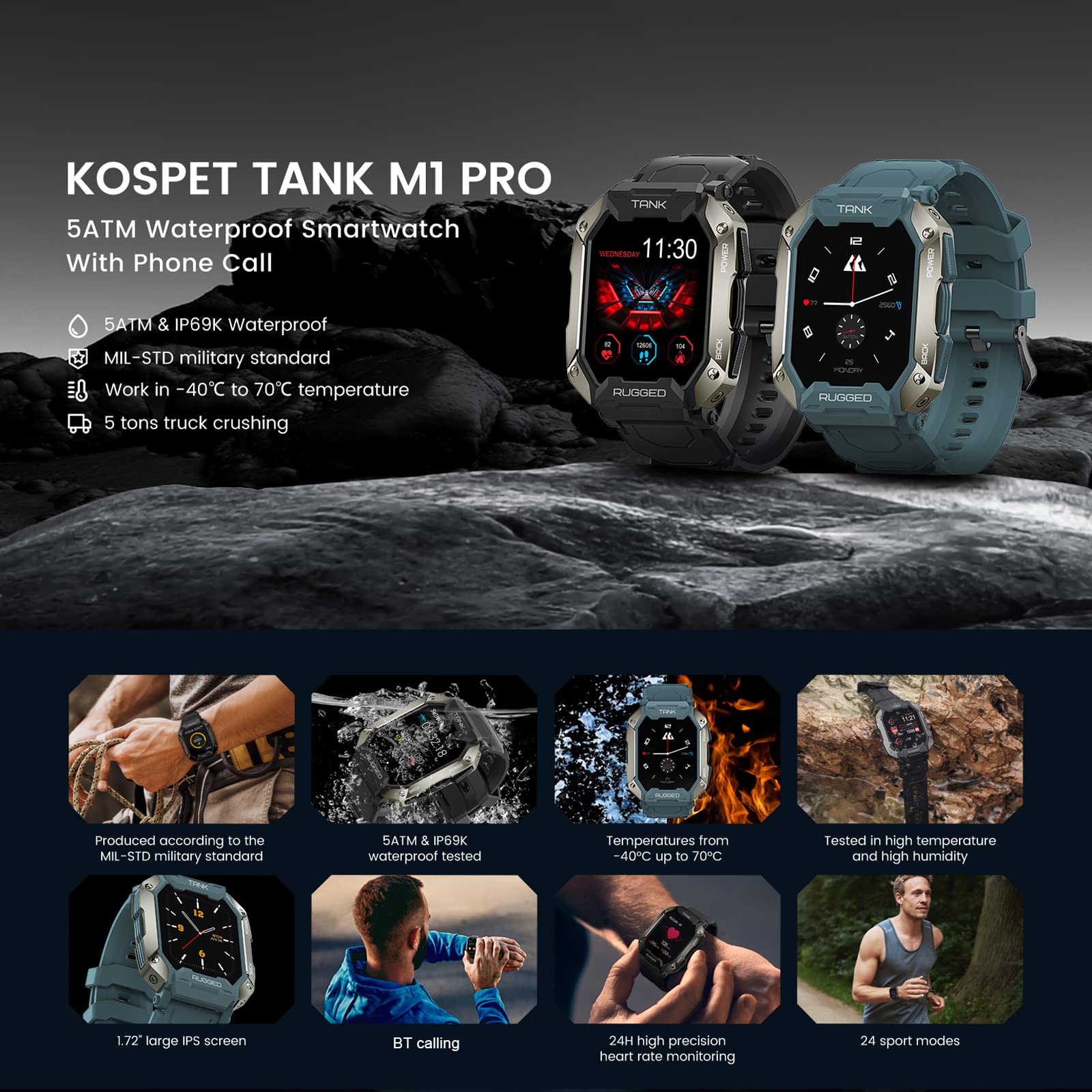 Outdoor Sports Rugged Smartwatch 1.72'' 280 * 320px Full-touch Screen Tough Body Call/Music 5ATM&IP69K Waterproof 24H 50 Days Standby 24 Sports Modes, Bluetooth