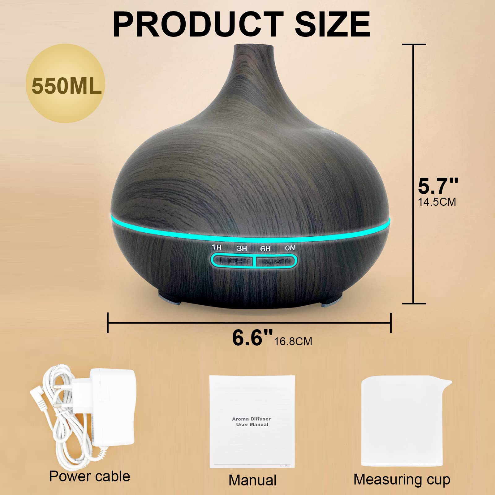 SKY-TOUCH Essential Oil Diffuser, 550ml Oil Diffuser with 4 Timer, Aromatherapy Diffuser with Auto Shut-off Function, Cool Mist Humidifier BPA-Free for Bedroom Home (Dark Brown)