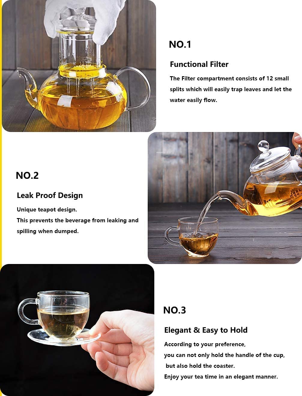 1CHASE Glass Tea Set- Borosilicate Glass Teapot With Heart Shape Tea Warmer and 100 ml 4 Tea Cups with Saucer for Blooming Tea, Flower Tea, Loose Leaf Tea