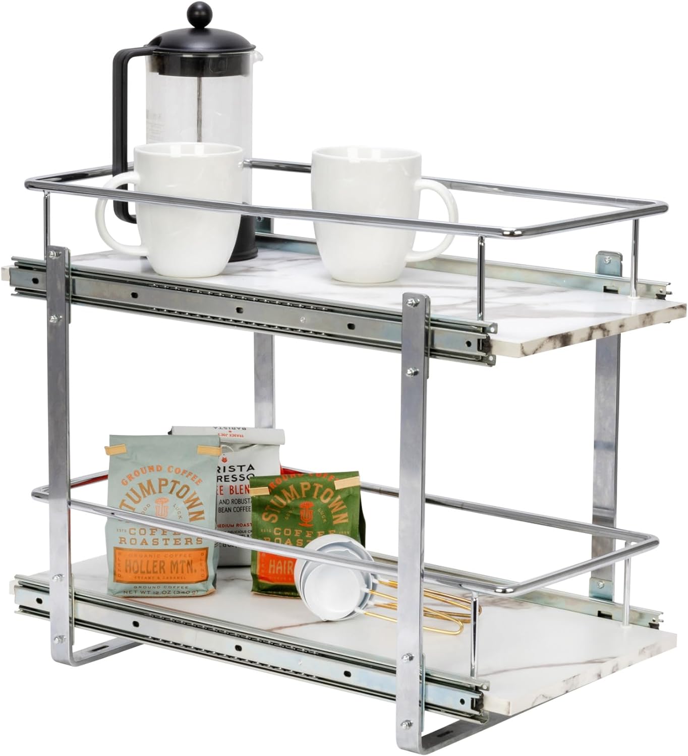 Household Essentials Sliding Cabinet Organizer, Dual Shelf, Chrome and Faux Marble Kitchen Organizer