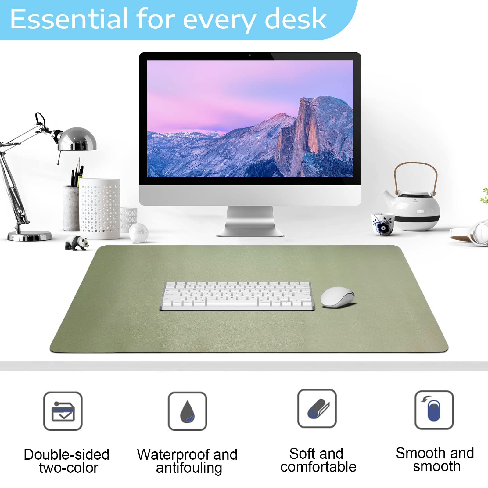 SKY-TOUCH Mouse Pad Large Leather Computer Desk Pad Office Desk Mat Extended Gaming Mouse Pad, Non-Slip Waterproof Dual-Side Use Desk Mat Protector 80cm x 40cm (Green/Silver)