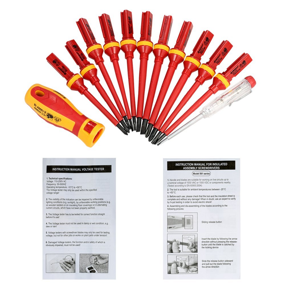 13pcs 1000V Changeable Insulated Screwdrivers Set with Magnetic Slotted Phillips Pozidriv Torx Bits Electrician Repair Tools Kit