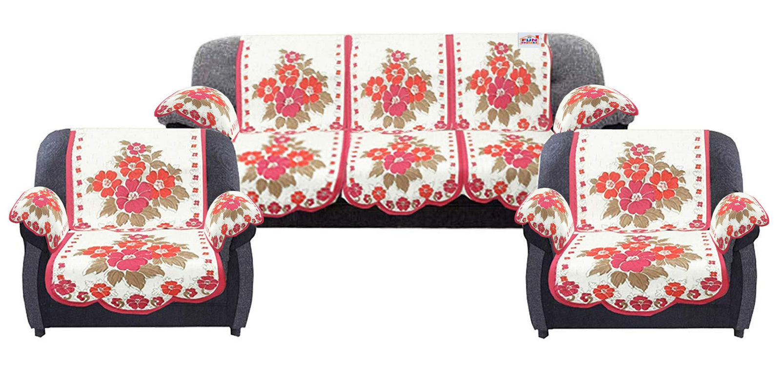 Fun Homes Flower Design Cotton 5 Seater Sofa Cover Set with 6 Pieces Arms Cover (Set Of 16,White & Pink)-FUNNHOM11974