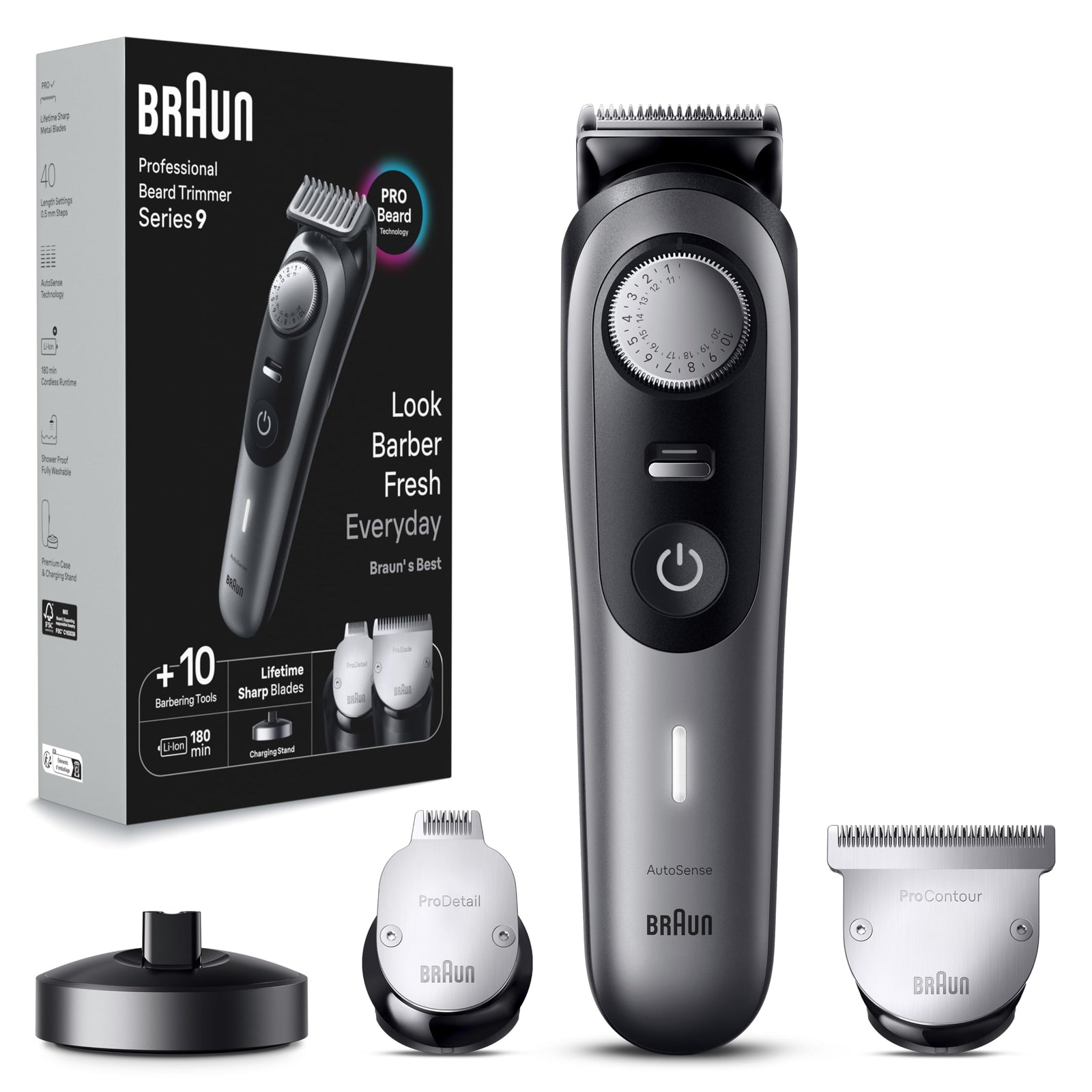 Braun Beard Trimmer Series 9 9420, Trimmer For Men with Barber Tools and 180-min Runtime