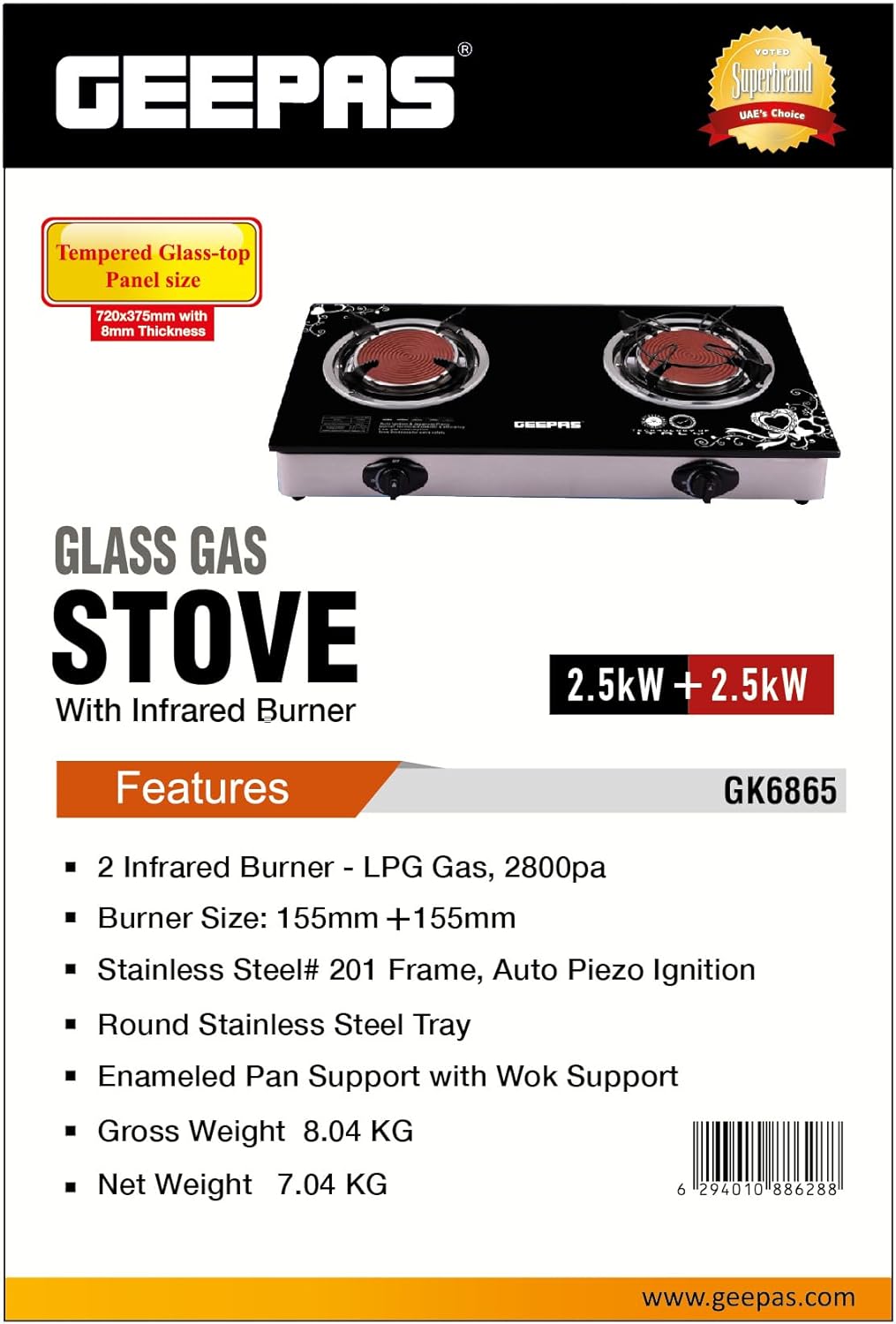 Geepas Glass Gas Stove with Infrared Burner- GK6865| 2 Infrared Burners with Enameled Pan and Wok Support| Efficient Burners, Low Gas Consumption, Stainless Steel Frame| Black