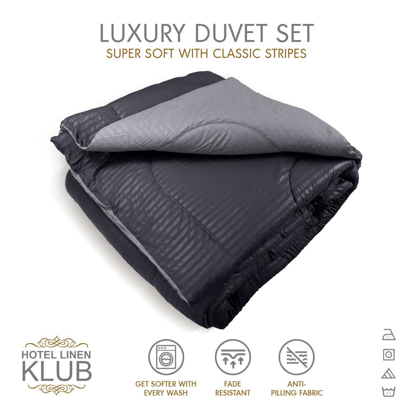 Hotel Linen Klub Reversible Down Alternative Comforter Set -Ultra Soft Brushed Stripe Microfiber Fabric, 200GSM Soft Fibersheet Filling, Size :Single 160 x 200cm, Color: Charcoal & Lt. Grey