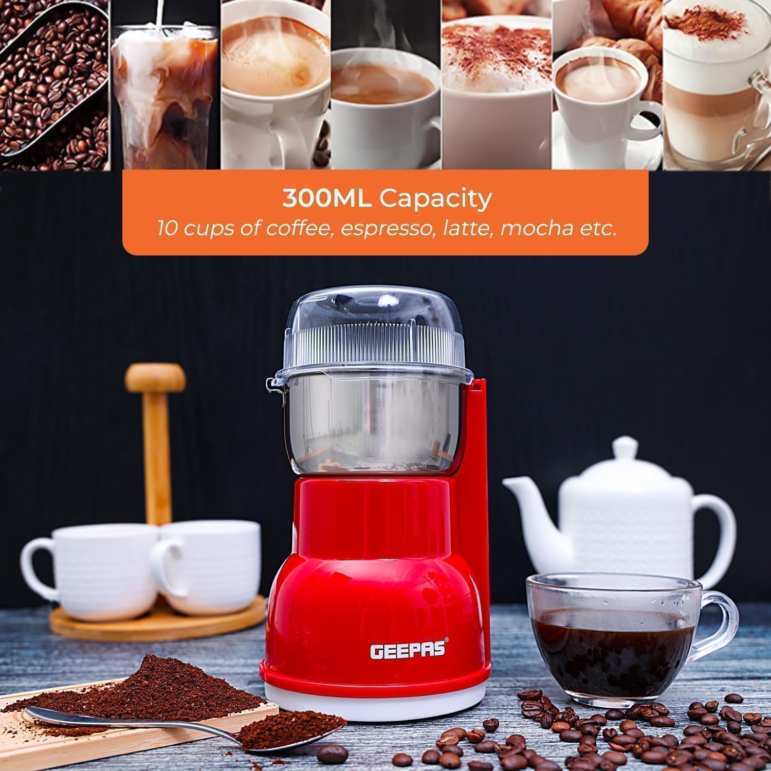 Geepas 150W Electric Coffee Grinder - Stainless Steel Blade |Stainless Steel Cup for Grinding, GCG5440 Overheat Protection | Removable Steel Bowl |2 Year Warranty