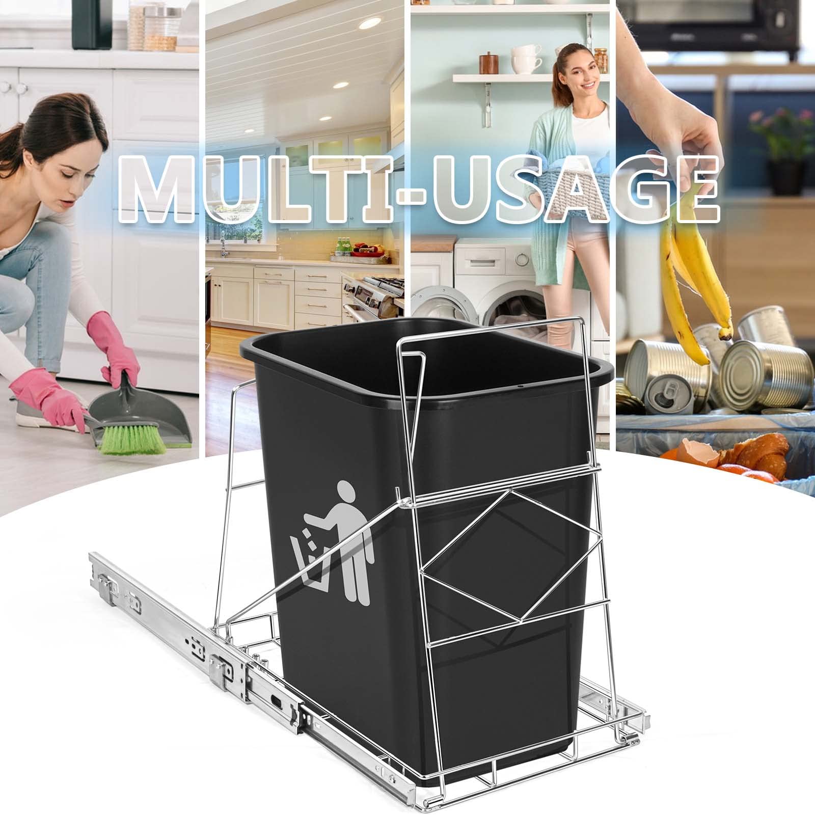 Harhana Pull Out Trash Can Under Cabinet, Kitchen Trash Can Pull Out Shelf with Full-Extension Slides, Stainless Steel
