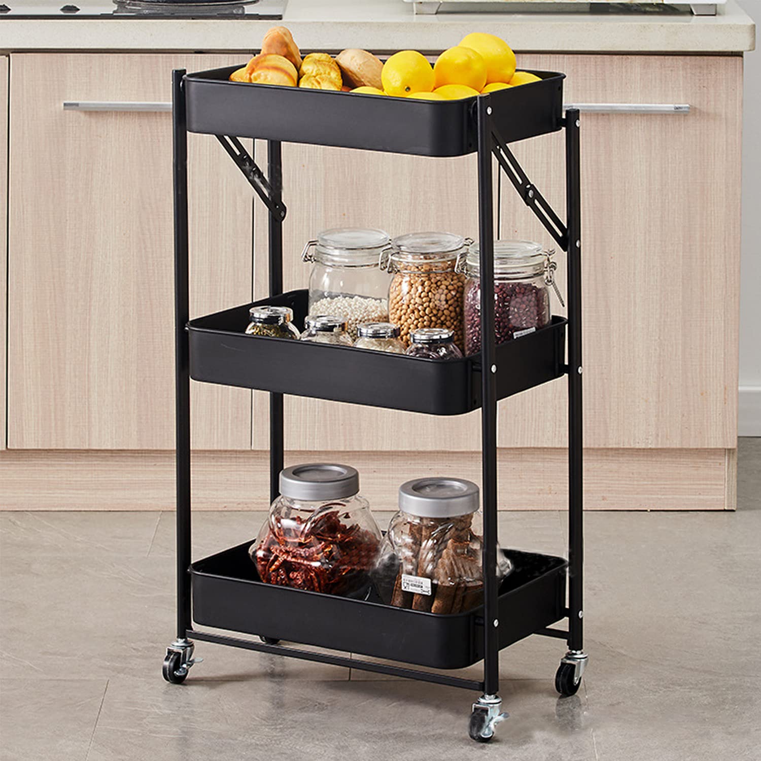 ECVV 3 Tier Utility Rolling Cart Foldable Metal with Caster Wheels Multifunction Storage Unit Locking for Bathroom Kitchen Office Balcony Living Room (Black)