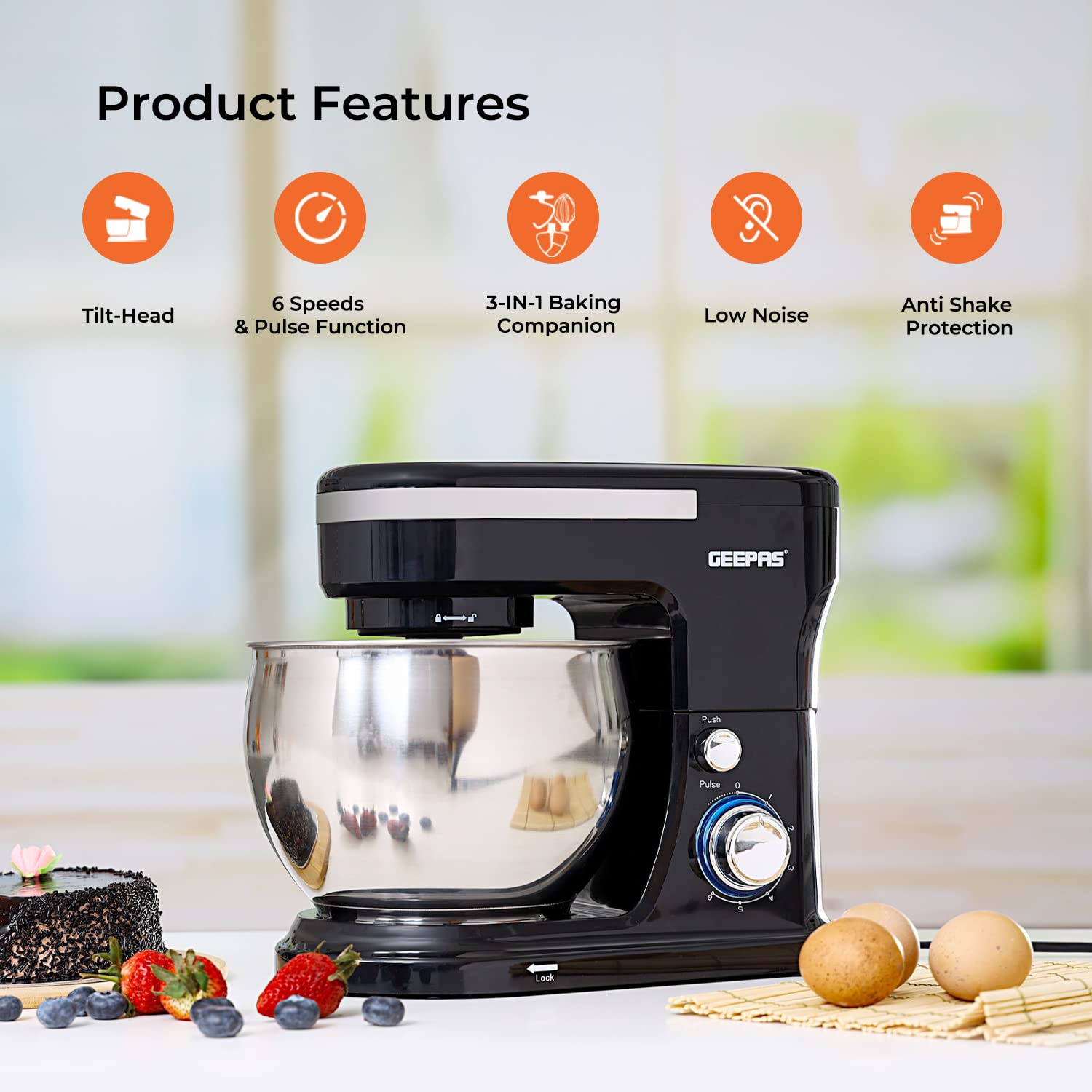 Geepas 5L Food Stand Mixer | 1000W Stainless Steel Mixing Bowl & Splash Guard | 6 Speed With Pulse & Balloon Whisk Flat Beater & Dough Hook | 2 Years Warranty, Black, Gsm43038UK