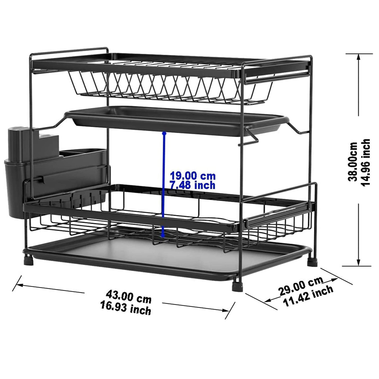 Sulfar 2 Tier Dish Drying Stand with Drainer, Large Kitchen Dish Rack with Utensil, Cup & Cutting Board Holder, Anti-Rust Coating
