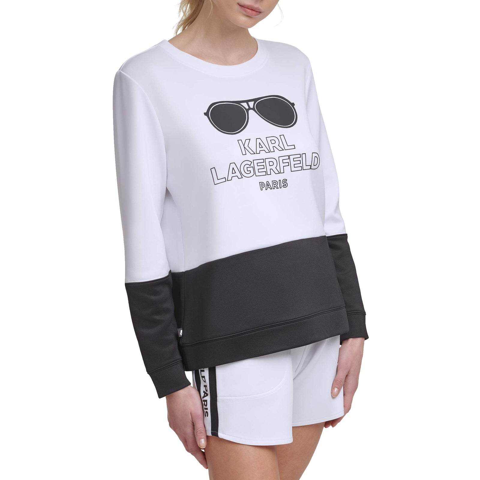 Karl Lagerfeld Paris Women's Sunglass Logo Sweatshirt, White/Black, XL
