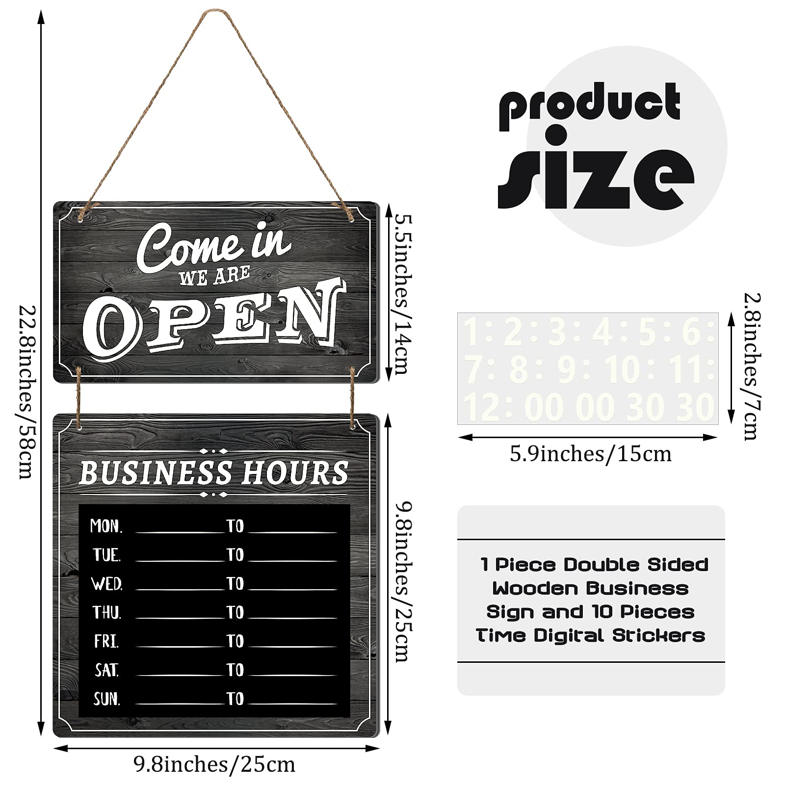 Chinco Business Hours Sign Store Hanging Open and Closed Double Sided Wooden Hangable Decorative Welcome Boards with Time Digital Stickers Hook for Shop (Black Board)