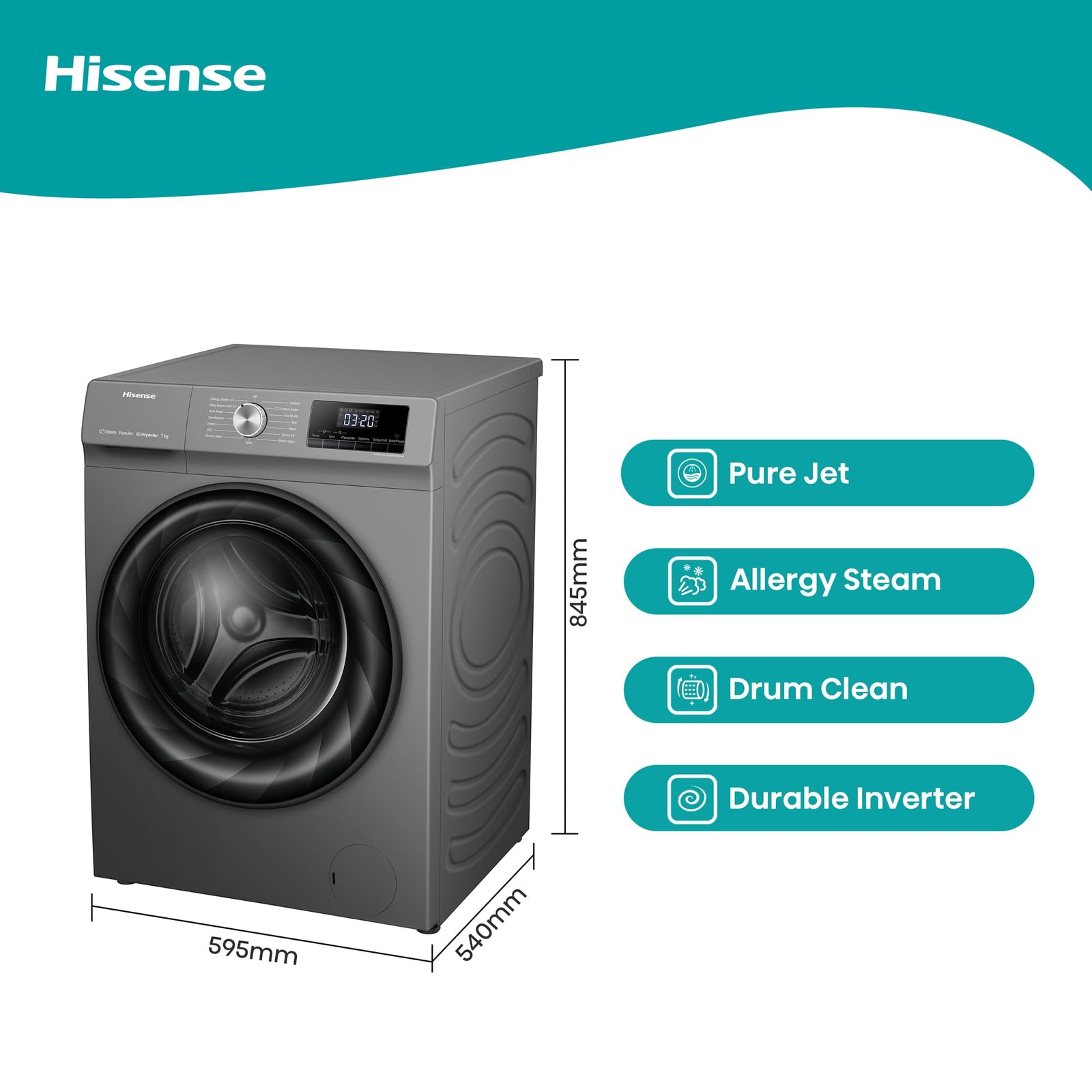 Hisense WFQY7012EVJMT 7 Kg Front Load Fully Automatic Washing Machine with Inverter Motor, 1200 RPM, 15 Mins Quick Wash Program & Delay Timer, Titanium Gary, 1 Year