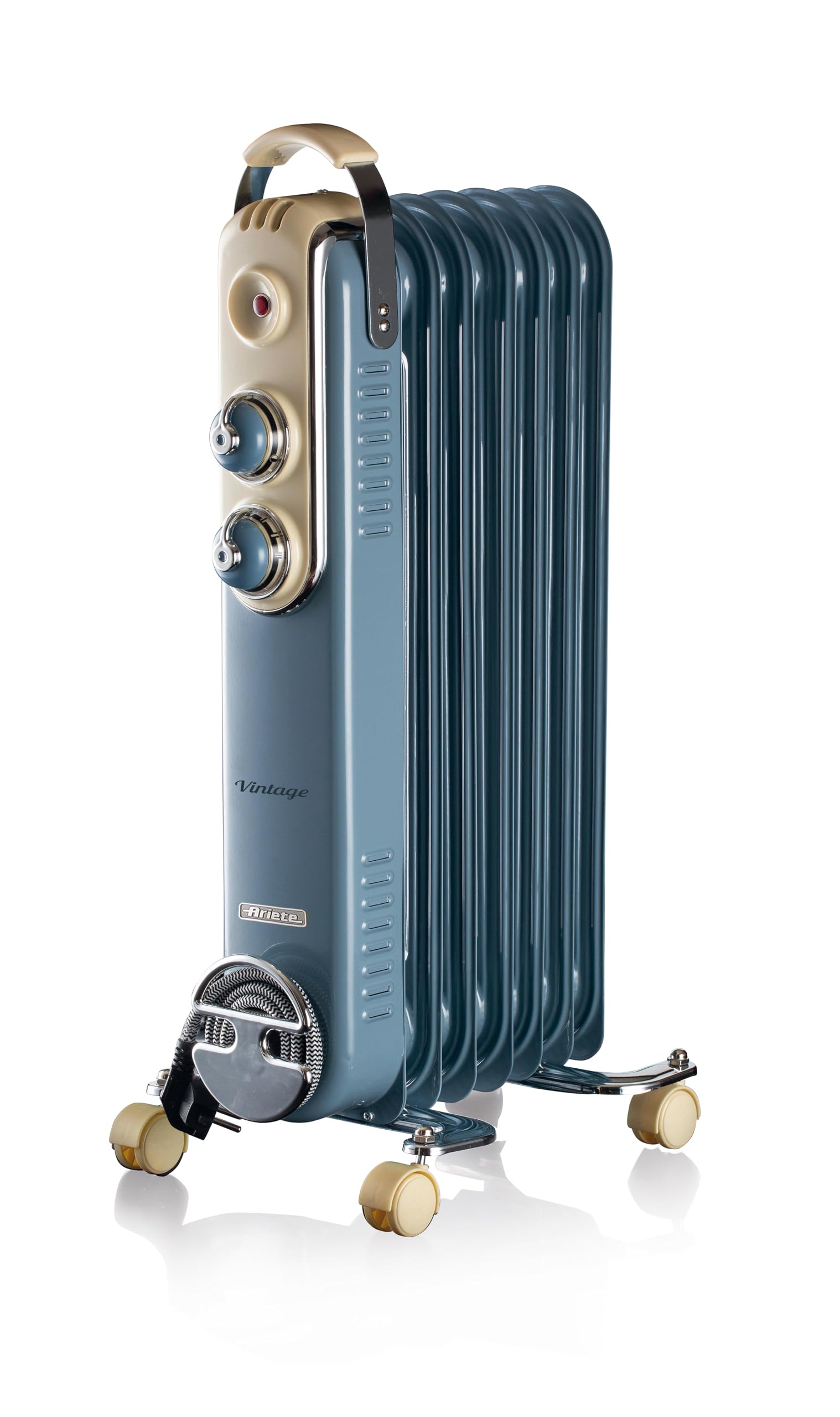 Ariete Vintage Oil Radiator with 7 Heating Elements, Adjustable Temp at 3 Power Levels 600W, 900W, 1500W, Swivel Wheels, Fast Room Heater Ideal for Bedroom, Home and Office - Blue ‎ART837/05