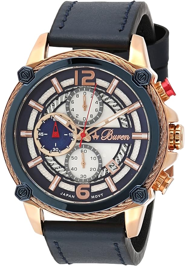 Buren Leather watch BU83012M stainless steel Back With Gold frame and Stopwatch and Date Counter and Second Counter for men-Navy&Gold, Navy, strap