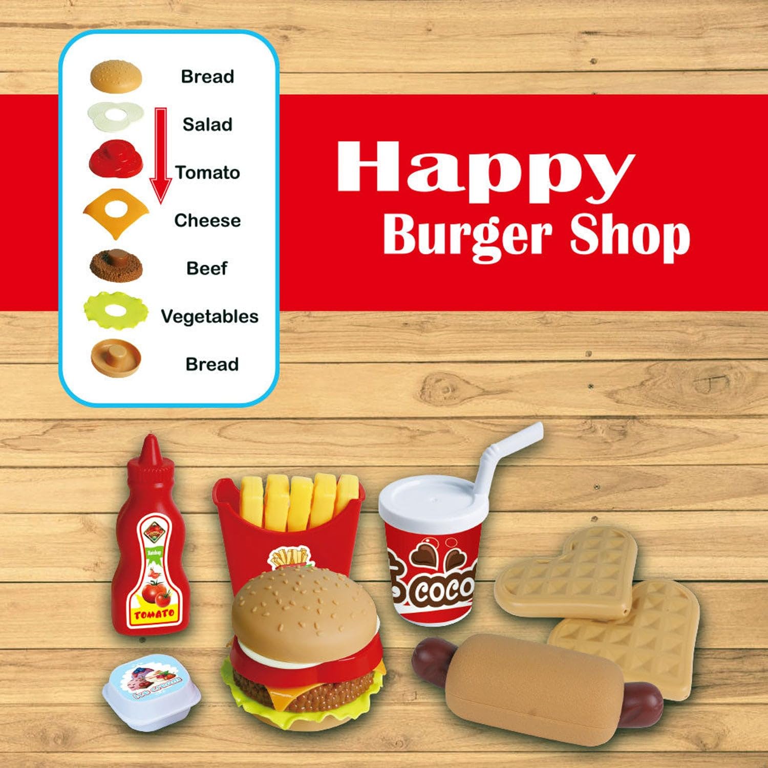 Kidwala FITTO Fast Food pretend play set burger toys for kids, fries, chicken, ice cream, salad, cheese, vegetables, popcorn, cookies, apple pie, and drink fast food playset educational toys for girls