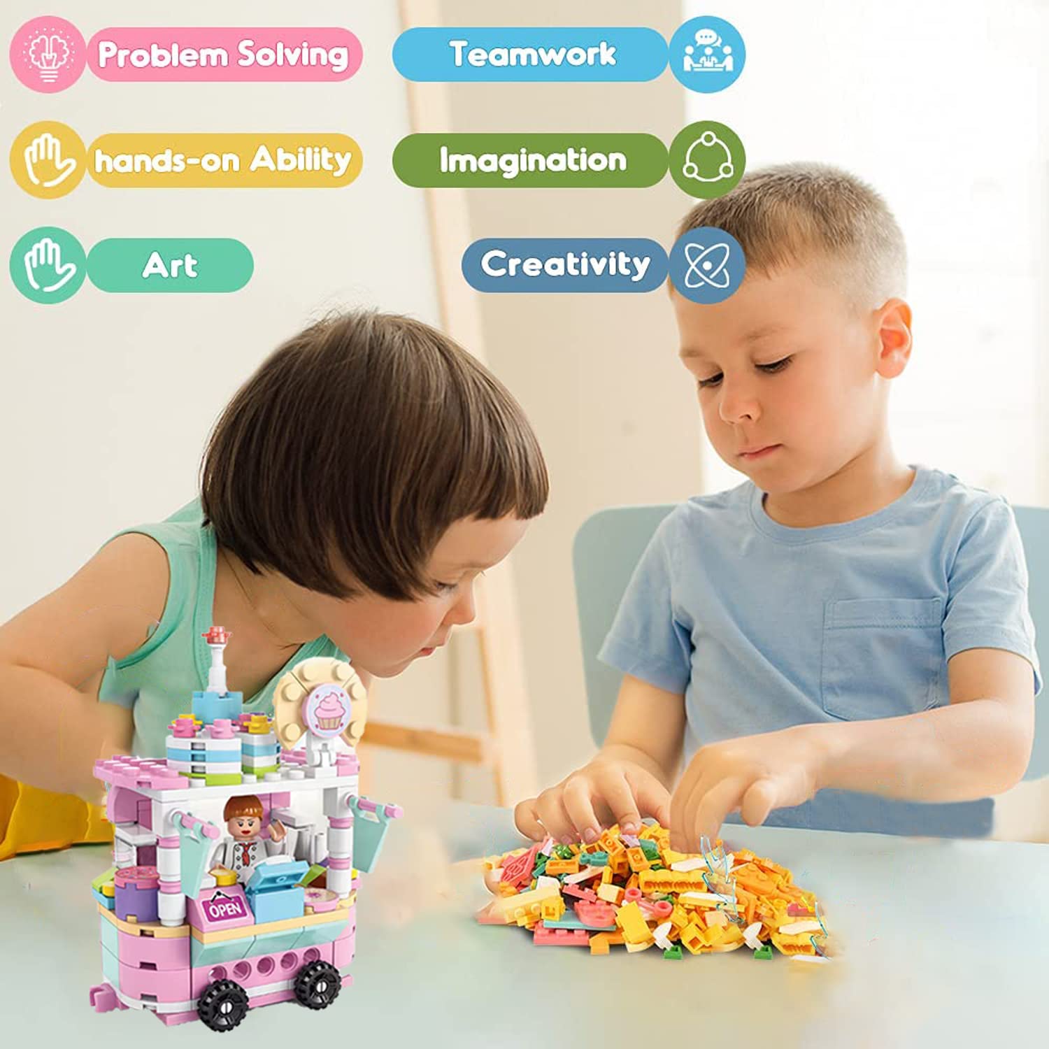 GGEROU Food Cart Building Block Toy Set for Kids，Building Block Playset，Building Kit Street Food Construction Toys Gifts for Boys Girls Aged 4 5 6 7 8+ (Dessert Cart)