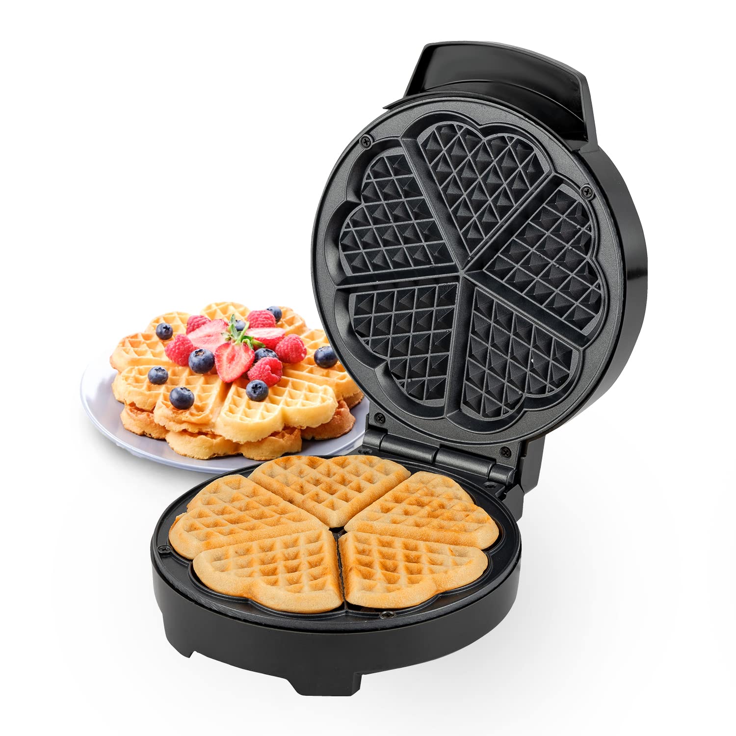 Geepas 5-Slice Heart-Shaped Waffle Maker – Non-Stick Electric Belgian Waffle Iron with Adjustable Temperature Control (1000W, Silver & Black)