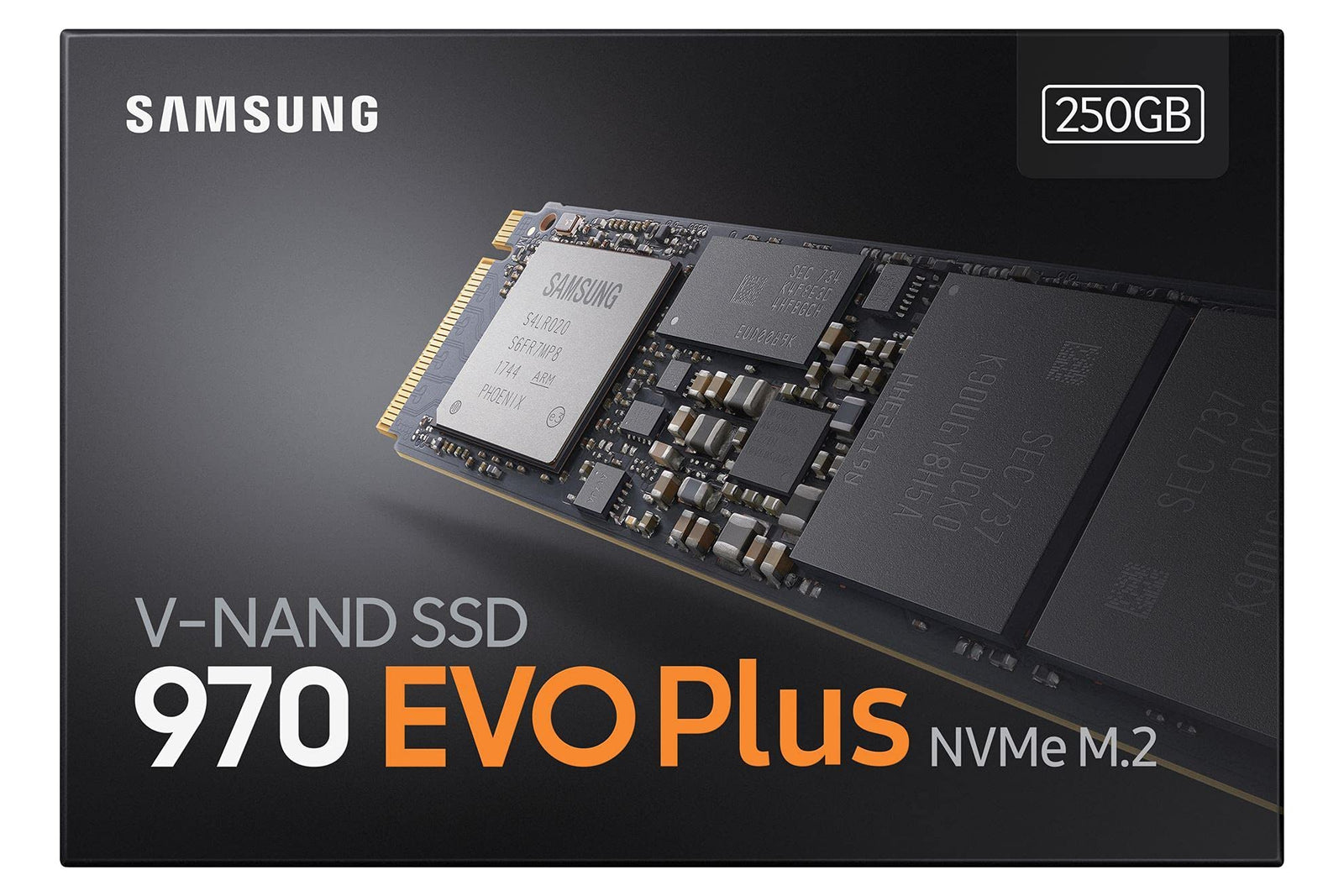 Samsung 970 Evo Plus 250 GB SSD interface M.2 NVME Write speed 2300 MBs Read speed 3500 MBs